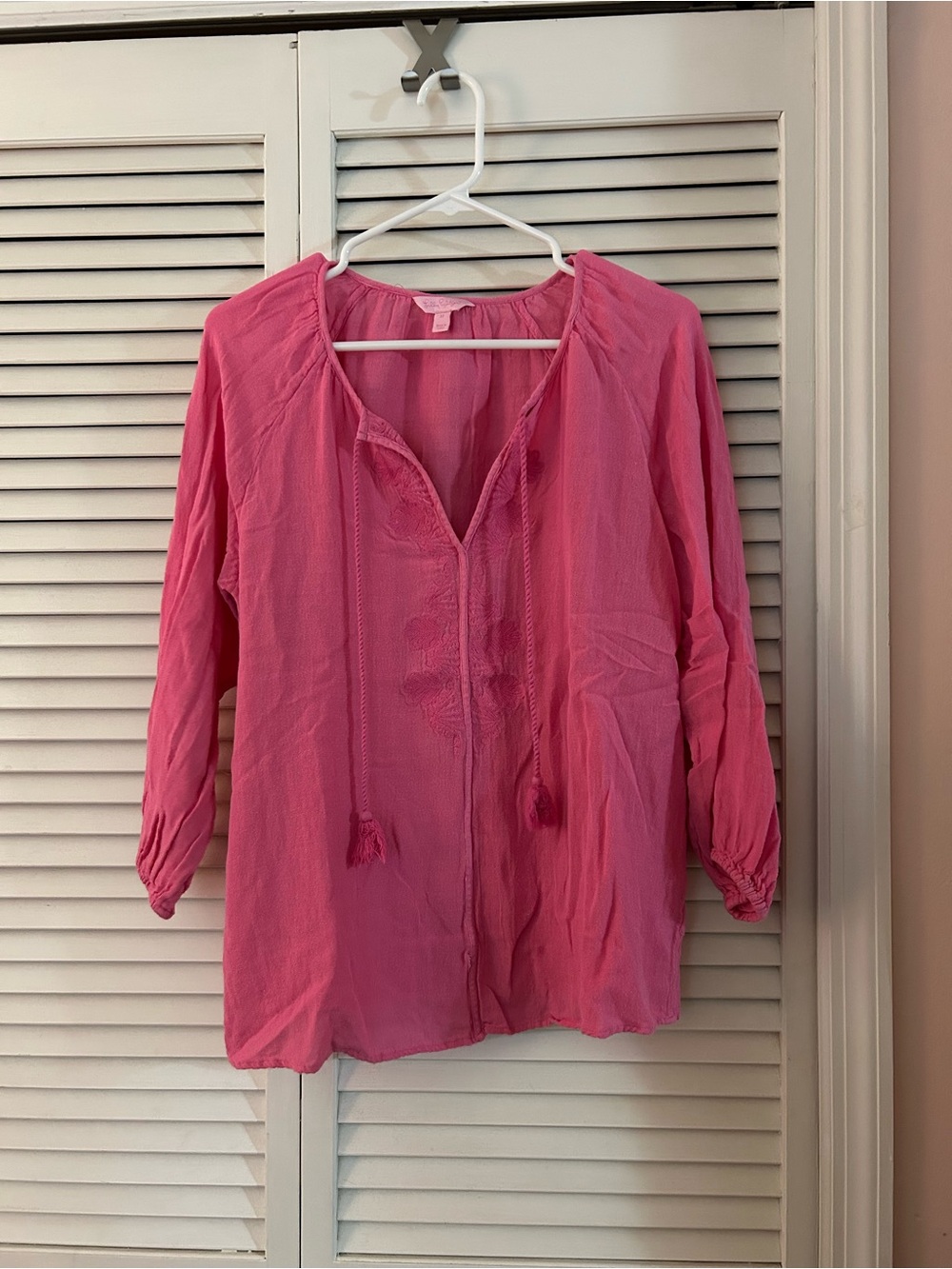 Lilly Pulitzer Pink Peasant Blouse with Tassel Ties
